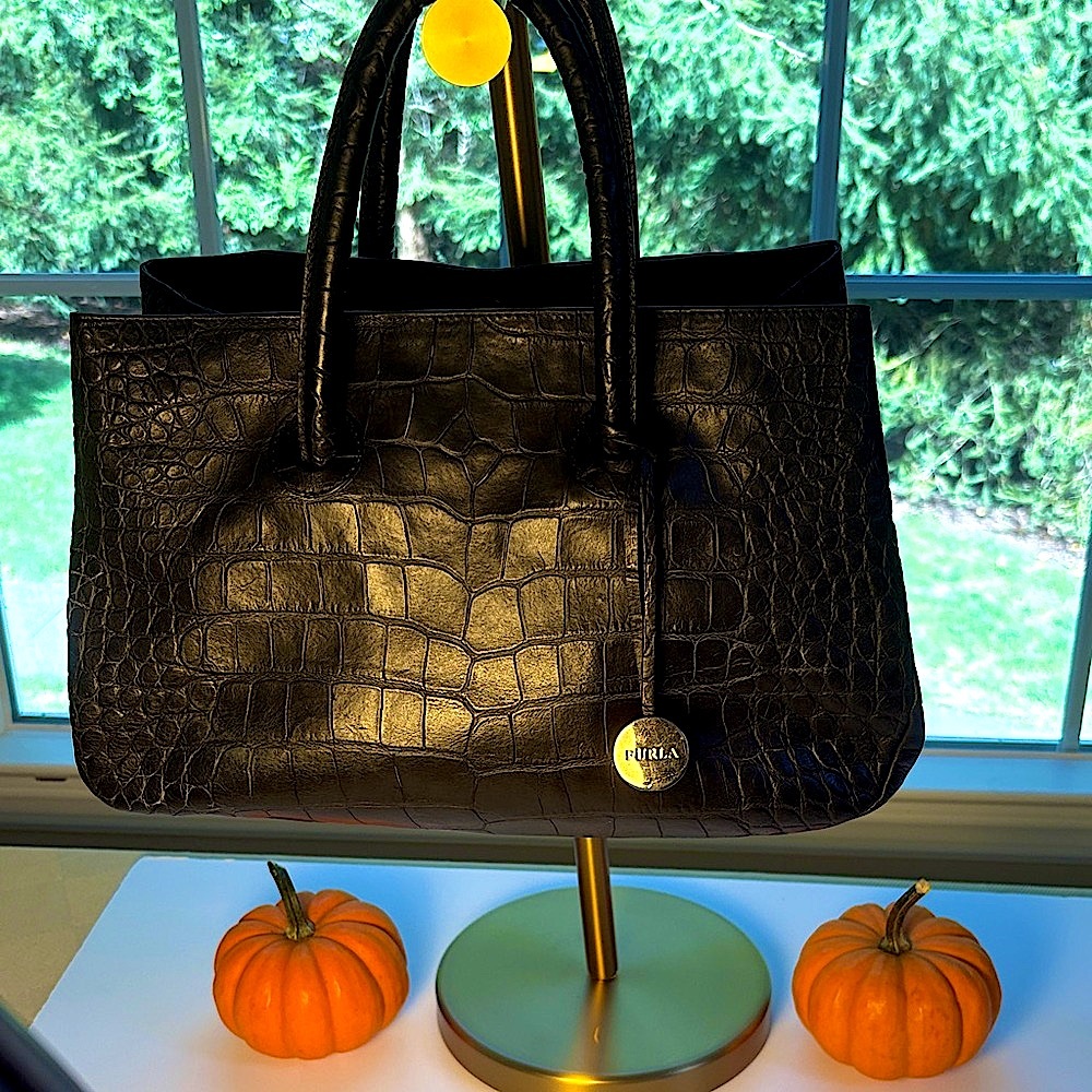 Vintage Y2K Furla Black Croc-Embossed Leather Satchel, Very Good Condition!
